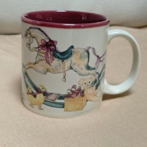 Vintage Rocking Horse Mug Noel Burgundy Marvelous Potpourri Press 1987 Rare Cup